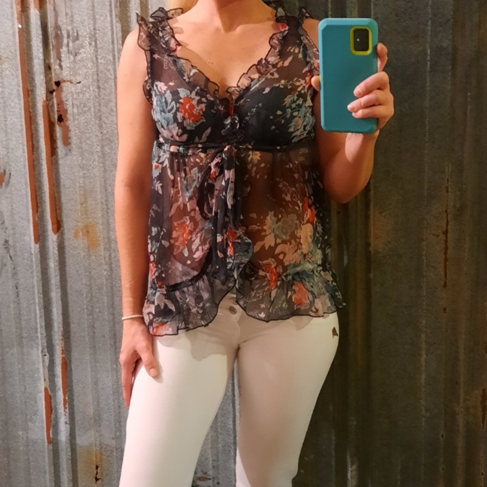 Sheer Waterfall Ruffled Floral Watercolor Tie Back Blouse